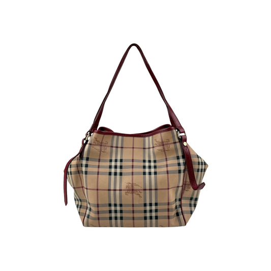 Burberry Red Leather Haymarket Check Coated Canvas Large Canterbury Tote Bag