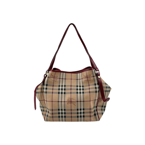 Burberry Red Leather Haymarket Check Coated Canvas Large Canterbury Tote Bag