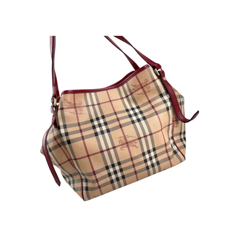 Burberry Red Leather Haymarket Check Coated Canvas Large Canterbury Tote Bag