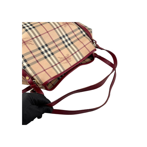 Burberry Red Leather Haymarket Check Coated Canvas Large Canterbury Tote Bag