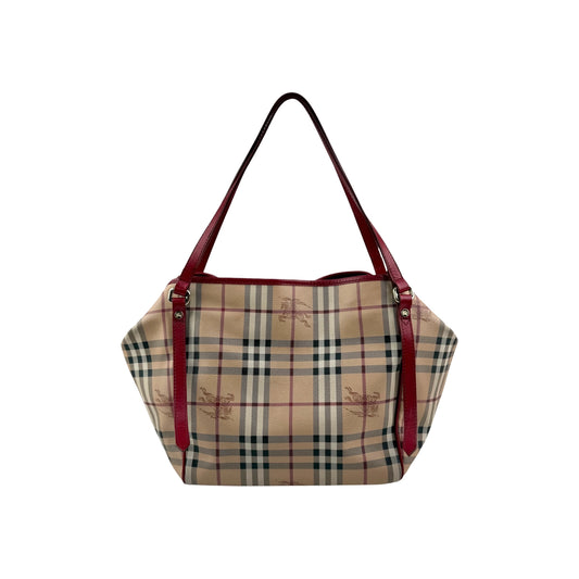 Burberry Red Leather Horseferry Check Canvas Canterbury Tote Bag
