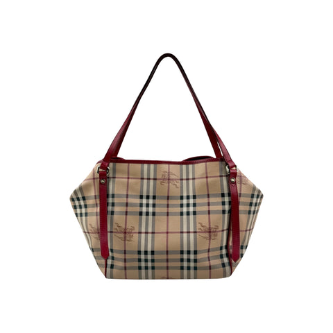 Burberry Red Leather Horseferry Check Canvas Canterbury Tote Bag