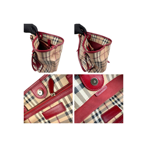 Burberry Red Leather Horseferry Check Canvas Canterbury Tote Bag