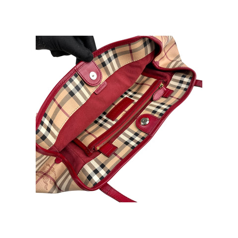 Burberry Red Leather Horseferry Check Canvas Canterbury Tote Bag