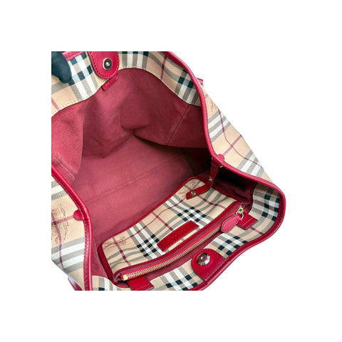 Burberry Red Leather Horseferry Check Canvas Canterbury Tote Bag
