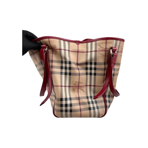 Burberry Red Leather Horseferry Check Canvas Canterbury Tote Bag