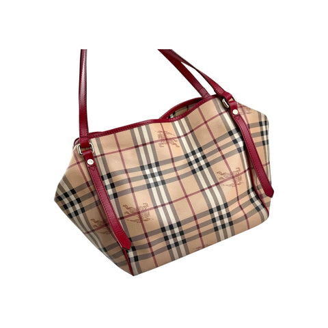 Burberry Red Leather Horseferry Check Canvas Canterbury Tote Bag