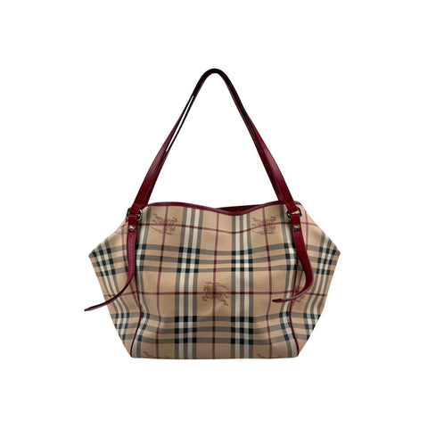 Burberry Red Leather Horseferry Check Canvas Canterbury Tote Bag