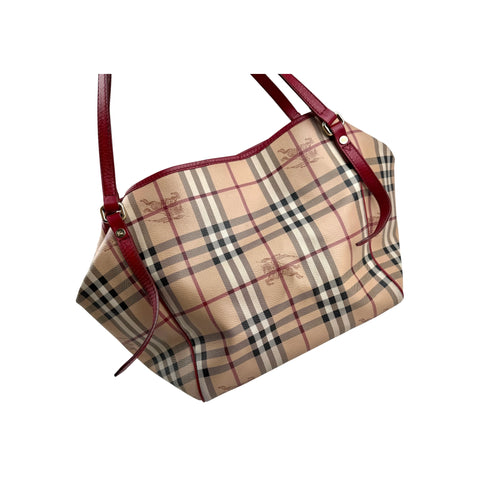 Burberry Red Leather Horseferry Check Canvas Canterbury Tote Bag