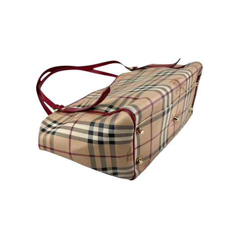 Burberry Red Leather Horseferry Check Canvas Canterbury Tote Bag