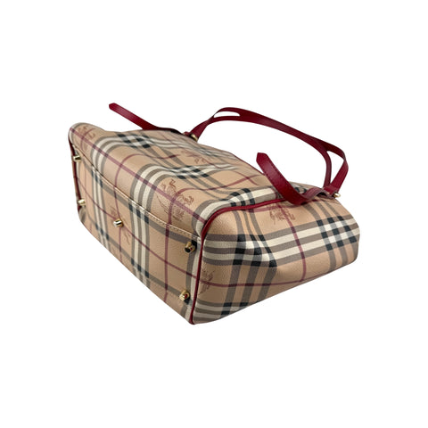 Burberry Red Leather Horseferry Check Canvas Canterbury Tote Bag