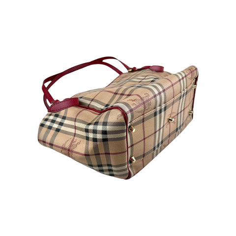 Burberry Red Leather Horseferry Check Canvas Canterbury Tote Bag