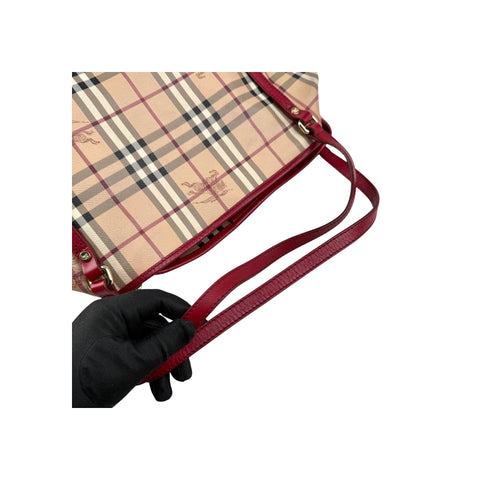 Burberry Red Leather Horseferry Check Canvas Canterbury Tote Bag