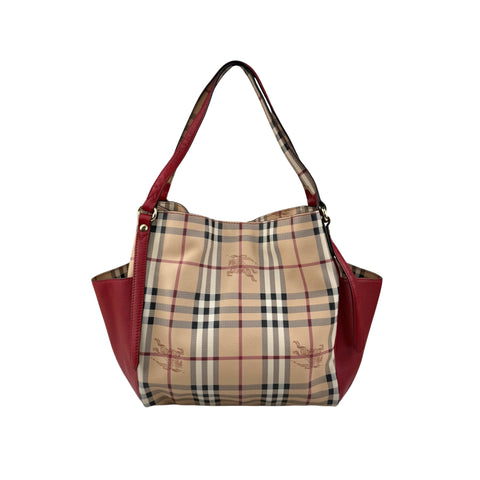 burberry leather trimmed haymarket check coated canvas canterbury tote bag front