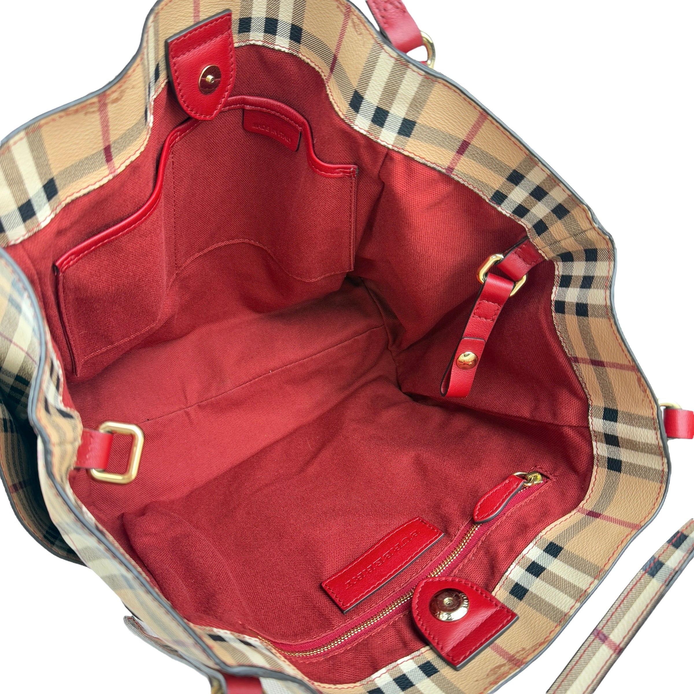 burberry leather trimmed haymarket check coated canvas canterbury tote bag inside