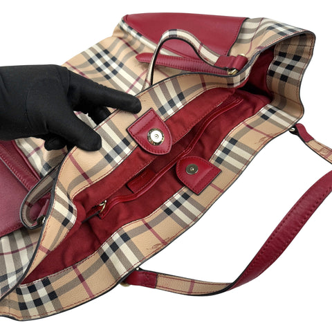 burberry leather trimmed haymarket check coated canvas canterbury tote bag inside pocket detail