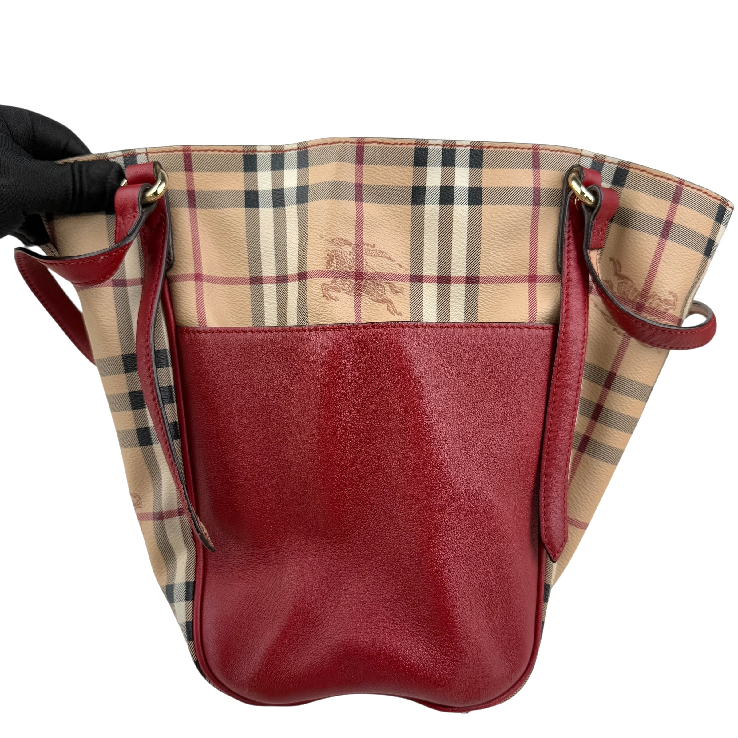 burberry leather trimmed haymarket check coated canvas canterbury tote bag left