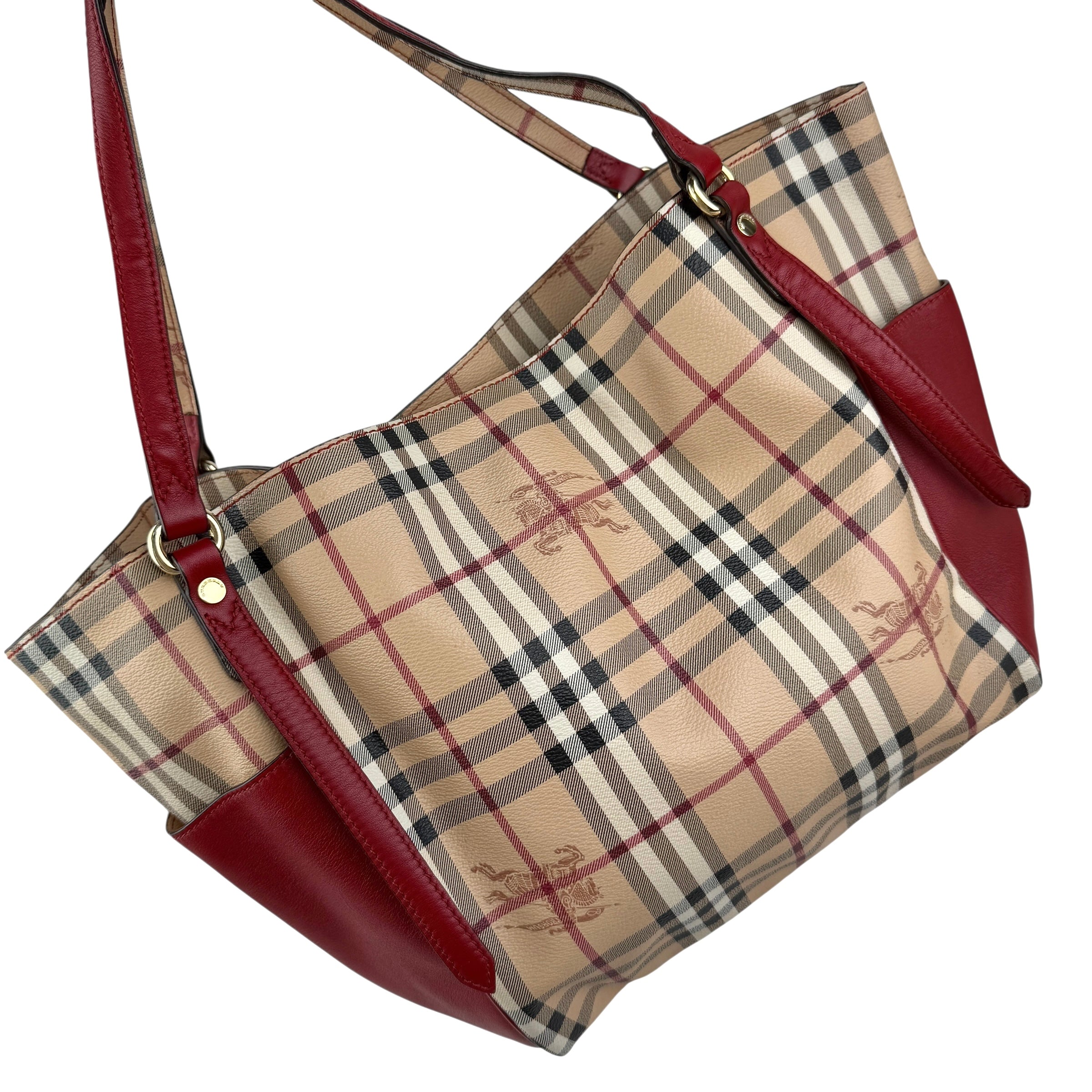 burberry leather trimmed haymarket check coated canvas canterbury tote bag left front 45