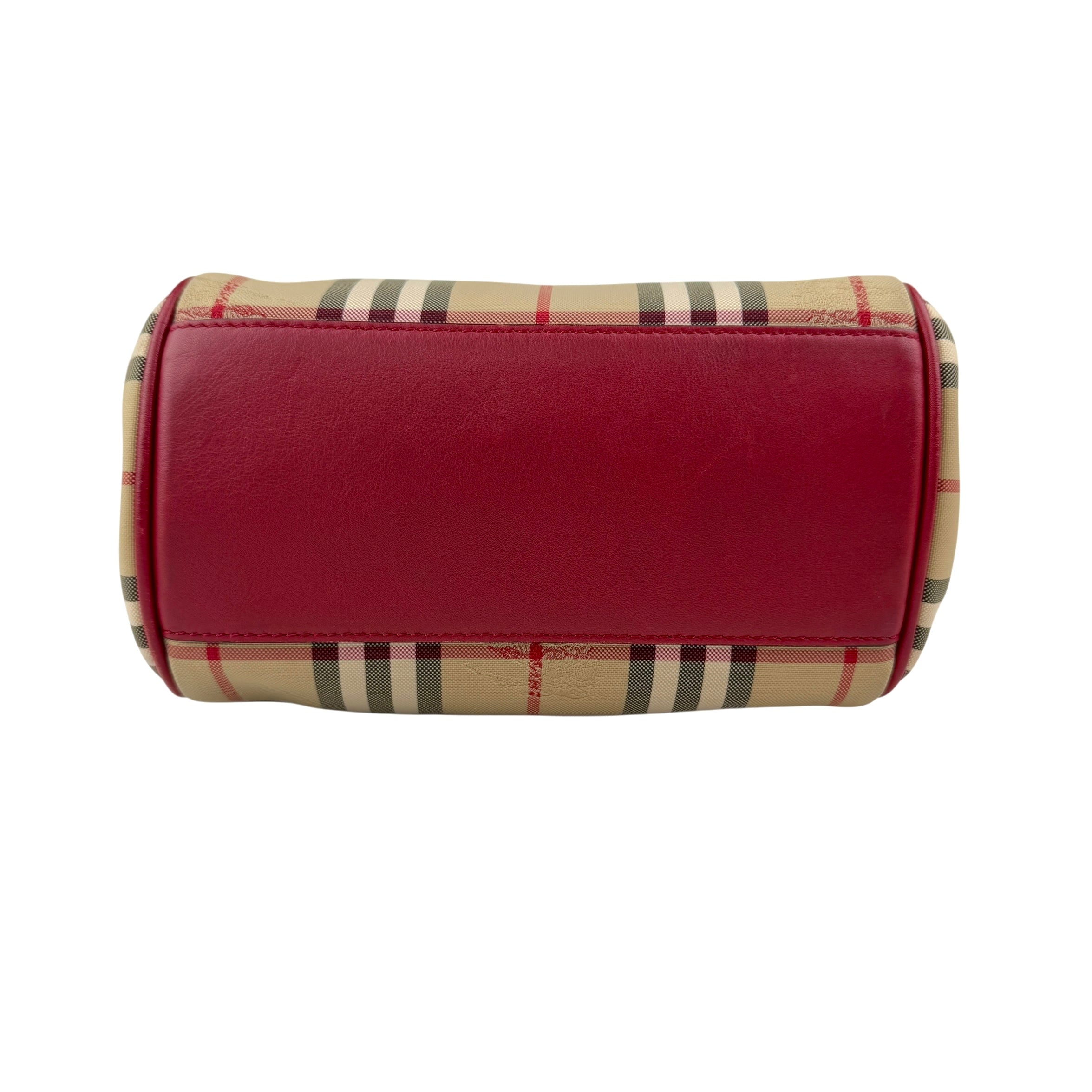 burberry red leather horseferry check canvas canterbury tote bag bottom