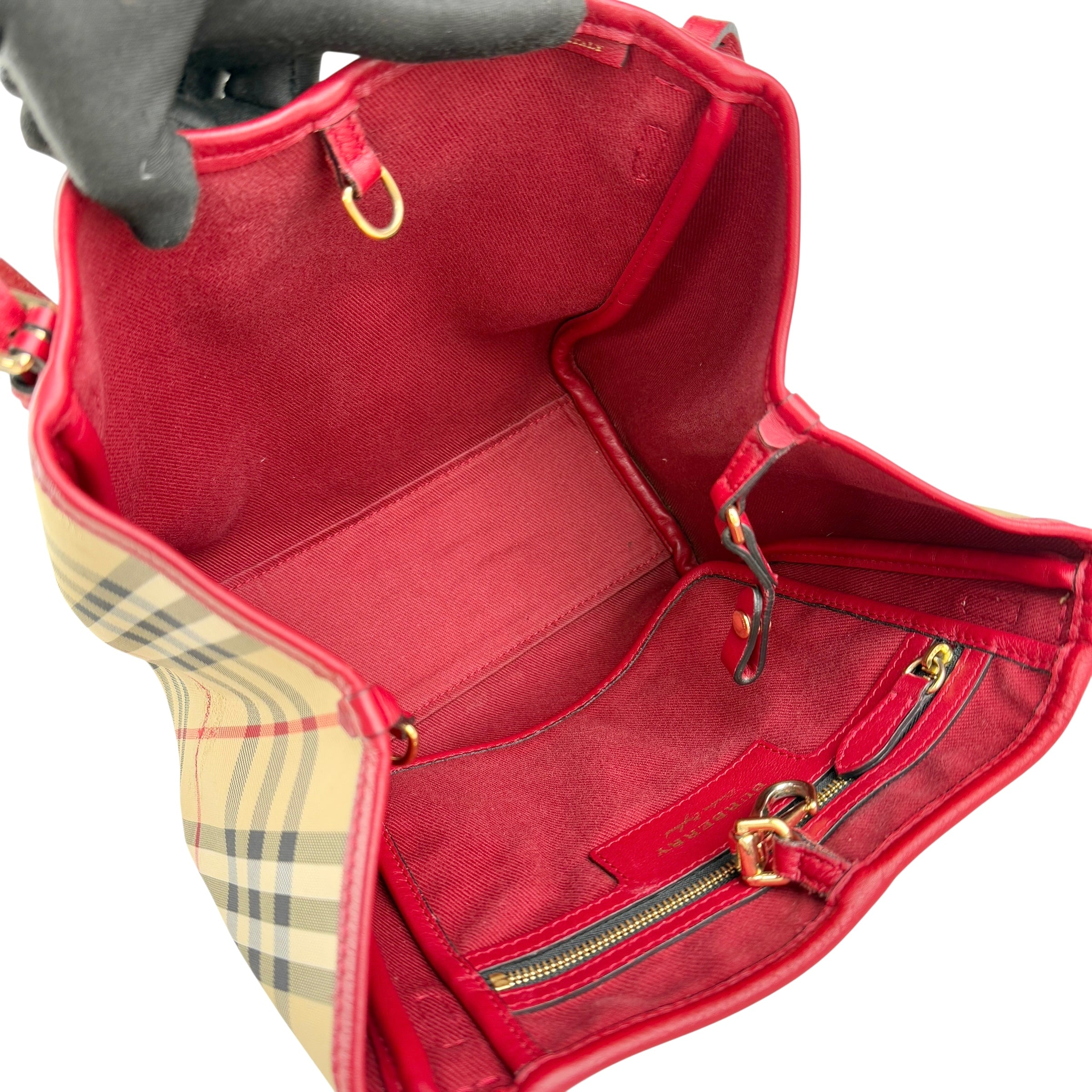 burberry red leather horseferry check canvas canterbury tote bag inside