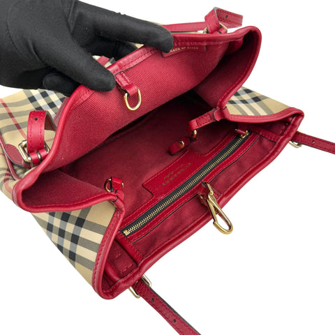 burberry red leather horseferry check canvas canterbury tote bag inside pocket detail