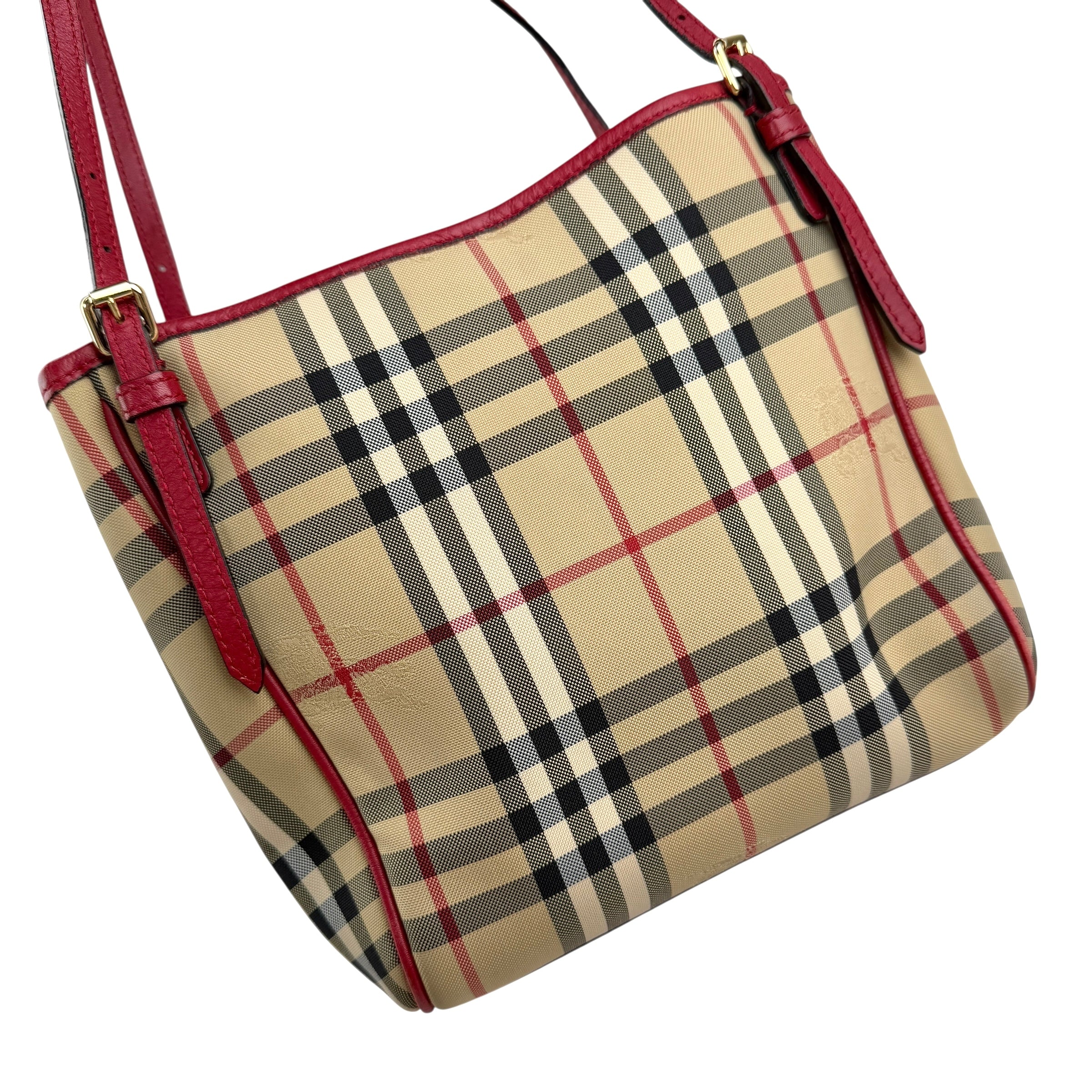burberry red leather horseferry check canvas canterbury tote bag left back 45