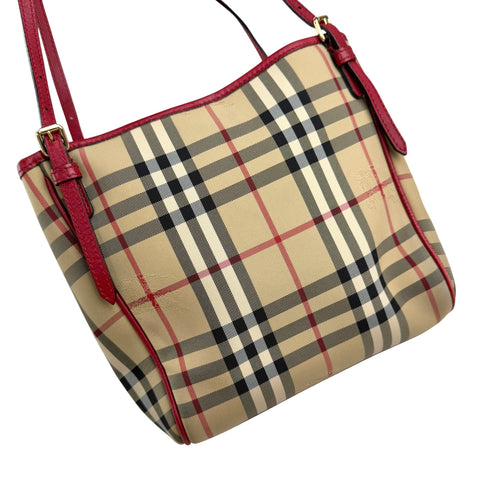 burberry red leather horseferry check canvas canterbury tote bag left back 45