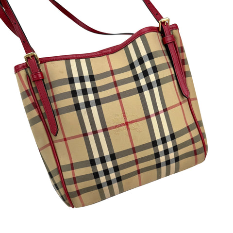 burberry red leather horseferry check canvas canterbury tote bag left front 45
