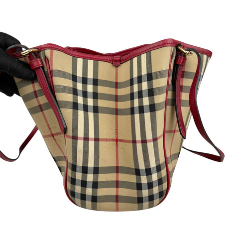 burberry red leather horseferry check canvas canterbury tote bag left