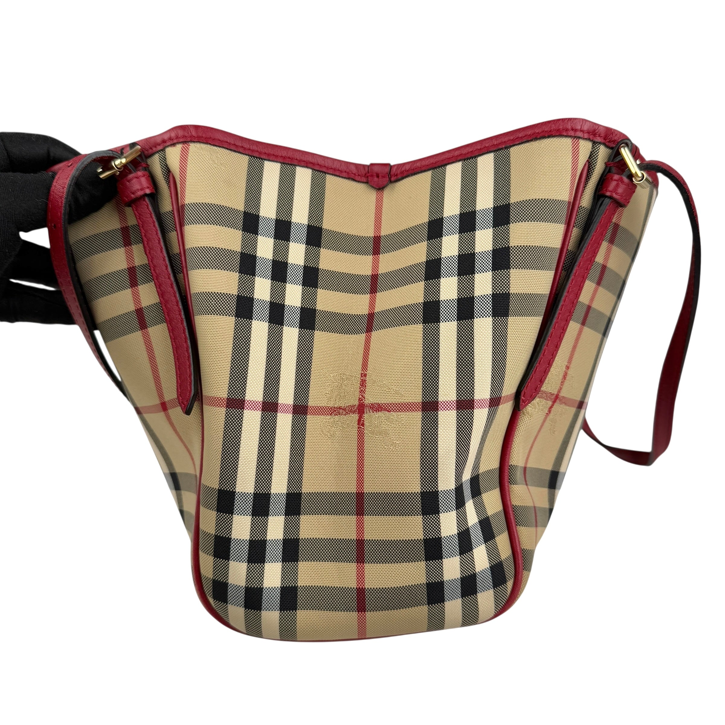 burberry red leather horseferry check canvas canterbury tote bag right