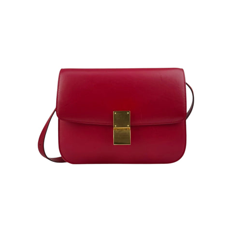 Celine Red Smooth Calfskin Leather Medium Classic Box Flap Bag