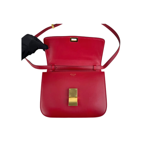 Celine Red Smooth Calfskin Leather Medium Classic Box Flap Bag