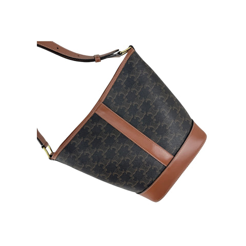 Celine Tan Calfskin Triomphe Canvas Bucket Bag