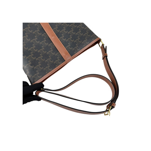 Celine Tan Calfskin Triomphe Canvas Bucket Bag