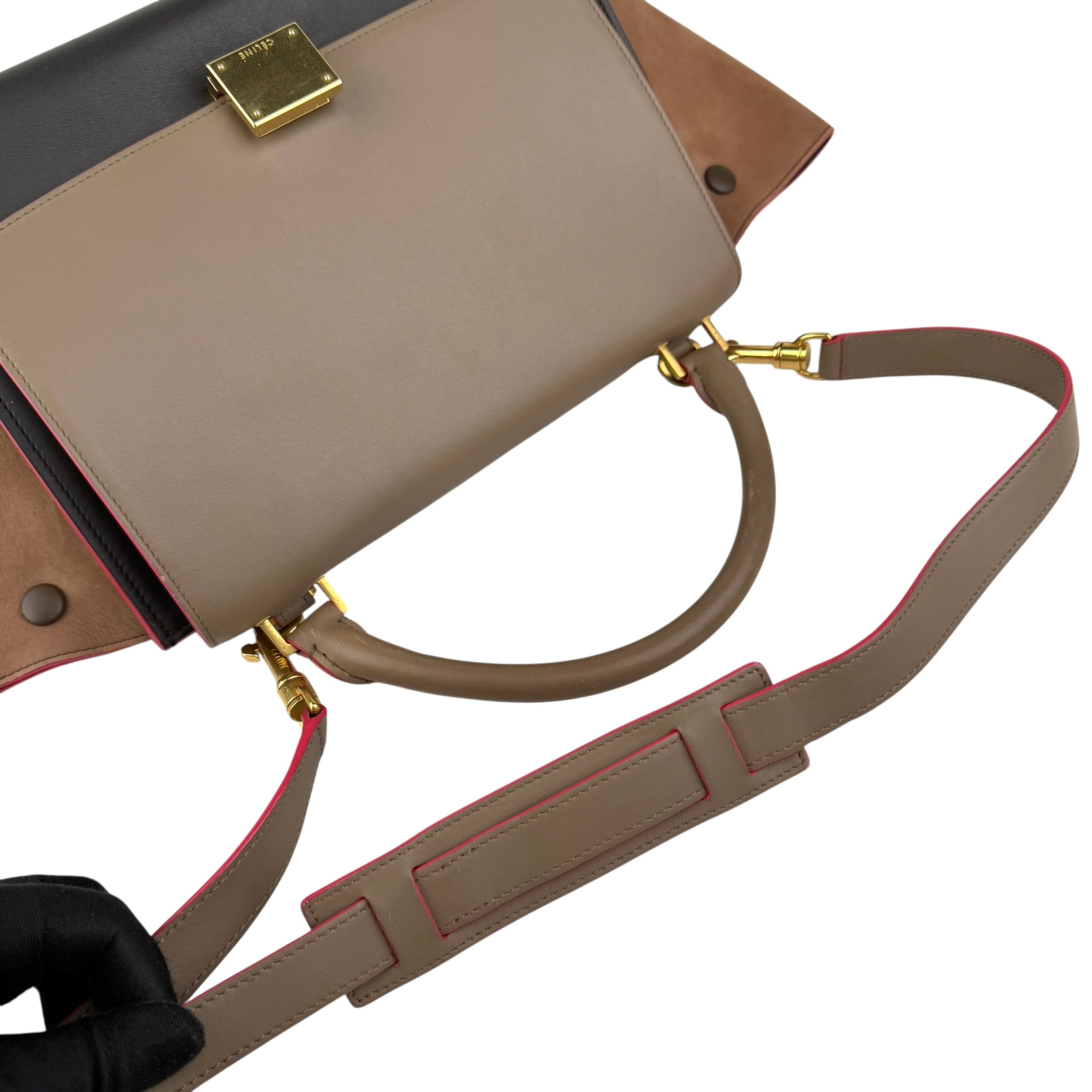 celine tricolor calfskin and suede trapeze satchel handle detail