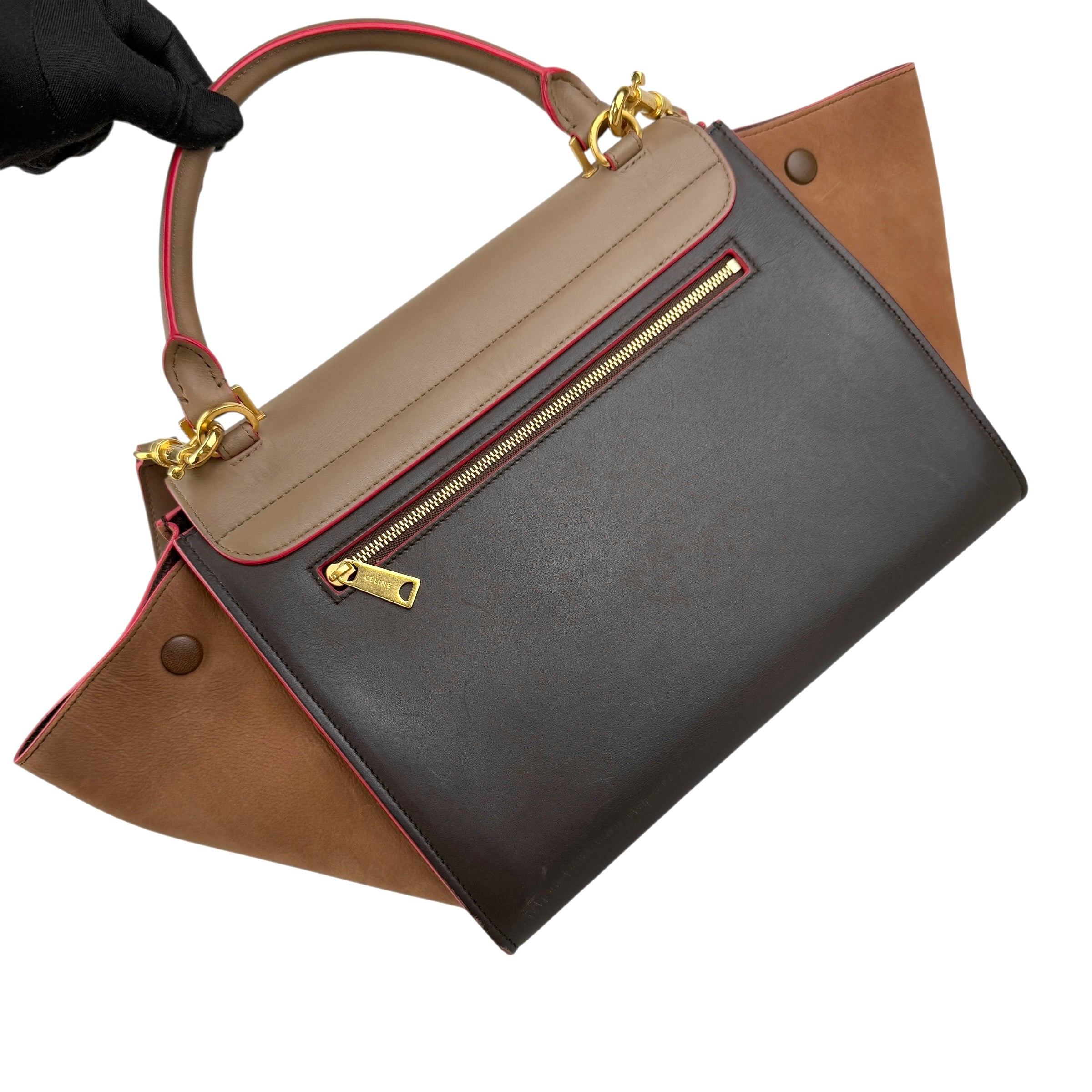 celine tricolor calfskin and suede trapeze satchel left back 45