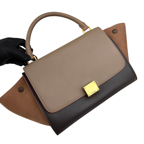 celine tricolor calfskin and suede trapeze satchel left front 45