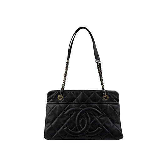 Chanel Black Quilted Caviar Leather Timeless CC Soft Shopping Tote Bag