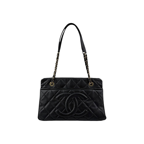 Chanel Black Quilted Caviar Leather Timeless CC Soft Shopping Tote Bag