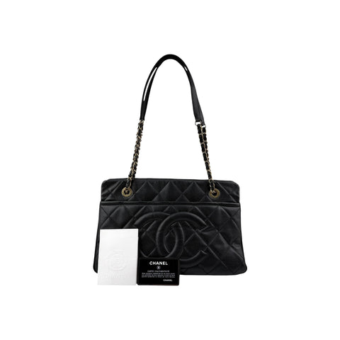 Chanel Black Quilted Caviar Leather Timeless CC Soft Shopping Tote Bag