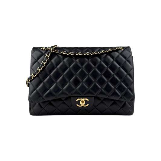 Chanel Black Quilted Lambskin Leather Maxi Double Flap Bag Gold Hardware