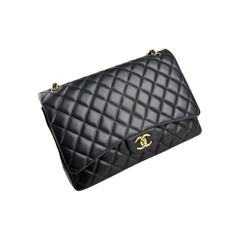 Chanel Black Quilted Lambskin Leather Maxi Double Flap Bag Gold Hardware