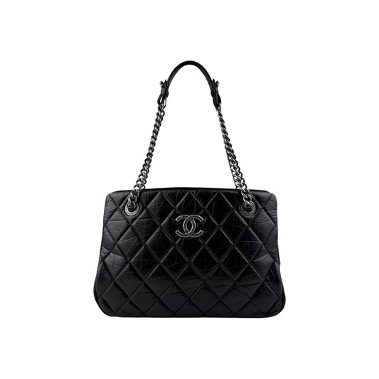 Chanel Black Quilted Leather Large Zip Shopping Tote Bag