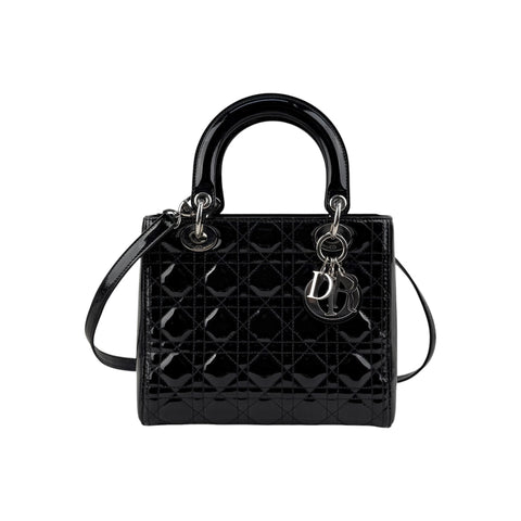 Christian Dior Black Cannage Quilted Patent Leather Lady Dior Bag