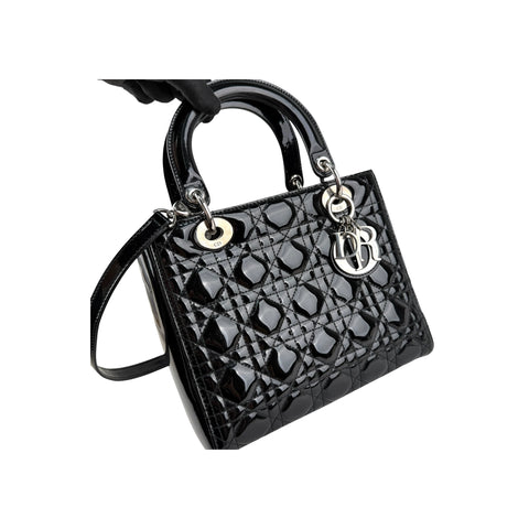 Christian Dior Black Cannage Quilted Patent Leather Lady Dior Bag