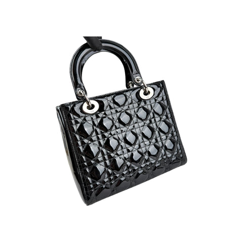 Christian Dior Black Cannage Quilted Patent Leather Lady Dior Bag