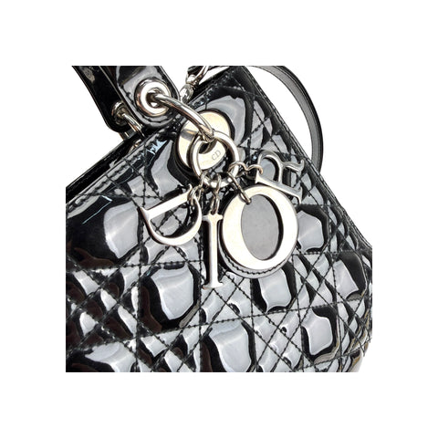 Christian Dior Black Cannage Quilted Patent Leather Lady Dior Bag
