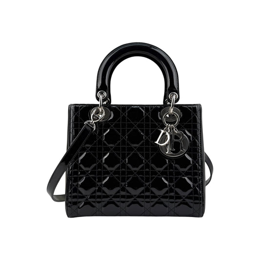 Christian Dior Black Cannage Quilted Patent Leather Medium Lady Dior Bag