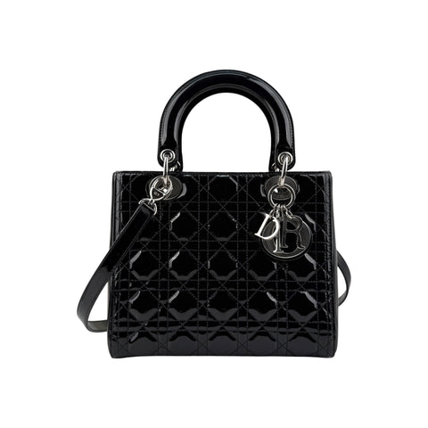 Christian Dior Black Cannage Quilted Patent Leather Medium Lady Dior Bag