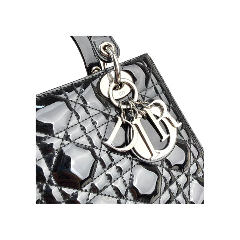 Christian Dior Black Cannage Quilted Patent Leather Medium Lady Dior Bag